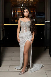Sparkly Strapless Mermaid White Long Prom Dress With Slit