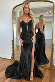 Navy Satin Sweetheart Mermaid Long Prom Dress With Split