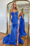 Navy Satin Sweetheart Mermaid Long Prom Dress With Split