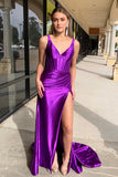 Violet V Neck Corset Tight Pleated Prom Dress with Slit