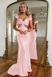 Cute Satin Mermaid Cutout Waist Sweep Train Prom Dress With Flower
