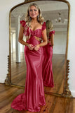 Cute Satin Mermaid Cutout Waist Sweep Train Prom Dress With Flower
