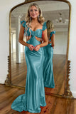 Cute Satin Mermaid Cutout Waist Sweep Train Prom Dress With Flower
