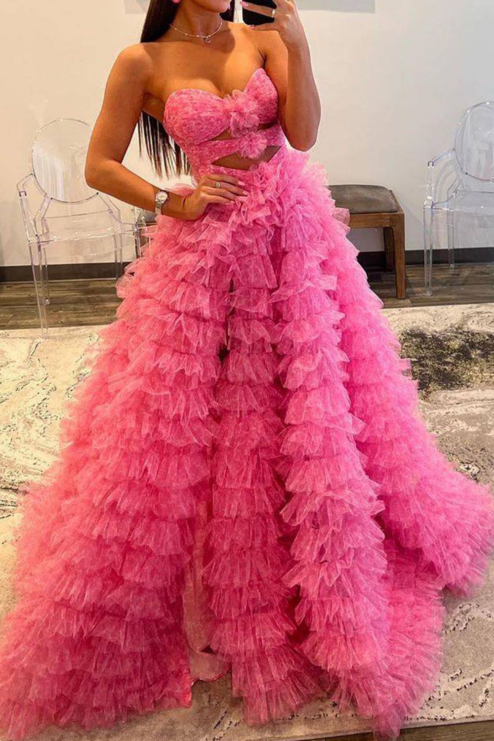 Pink Romantic Sweetheart Long A-Line Ruched Tulle Prom Dress