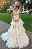 Pretty A-Line Shoulder Straps Long Tiered Prom Dress With Belt