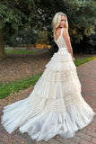 Pretty A-Line Shoulder Straps Long Tiered Prom Dress With Belt