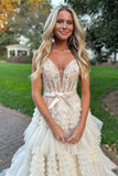 Pretty A-Line Shoulder Straps Long Tiered Prom Dress With Belt