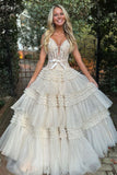 Pretty A-Line Shoulder Straps Long Tiered Prom Dress With Belt