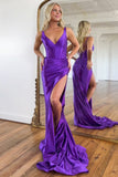 Purple Mermaid V-Neck Zipper Back Satin Long Prom Dress With Split