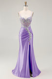Grey Pink Spaghetti Straps Mermaid Long Prom Dress with Beading