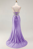 Grey Pink Spaghetti Straps Mermaid Long Prom Dress with Beading