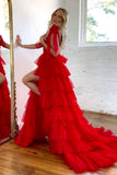 A-Line Red Tulle V-Neck Long Prom Dress With High Slit And Ruffles