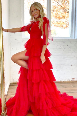 A-Line Red Tulle V-Neck Long Prom Dress With High Slit And Ruffles