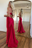 Red Spaghetti Straps Cutout Waist Long Mermaid Satin Prom Dress