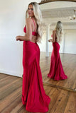 Red Spaghetti Straps Cutout Waist Long Mermaid Satin Prom Dress