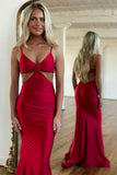 Red Spaghetti Straps Cutout Waist Long Mermaid Satin Prom Dress