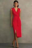 White Satin V-Neck Midi Formal Dress with Belt
