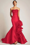 Strapless Mermaid Satin Black Tie Dress With Ruffles