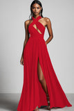 Dark Green Halter Keyhole A Line Formal Dress With Slit