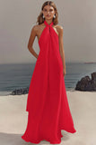 Simple White Halter A Line Chiffon Wedding Guest Dress