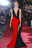 Mermaid Black White Deep V Neck Long Gala Dress