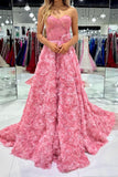 Romantic Pink A-Line Sweetheart Long Tulle Prom Dress With 3D Flowers