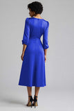 Plum Ruffled Satin A Line Midi Wedding Guest Dress