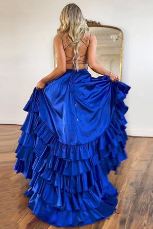Royal Blue Satin A-Line Lace Up Spaghetti Straps Long Prom Dress With Split
