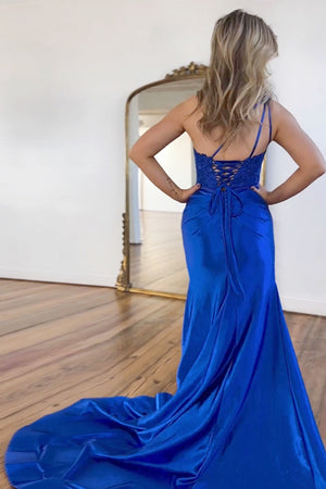 Elegant Royal Blue Satin Mermaid Lace Up One Shoulder Long Prom Dress With Split