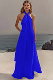 Simple White Halter A Line Chiffon Wedding Guest Dress