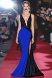 Mermaid Black White Deep V Neck Long Gala Dress
