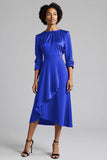 Plum Ruffled Satin A Line Midi Wedding Guest Dress