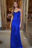 Spaghetti Straps Satin Black Sheath Long Formal Dress