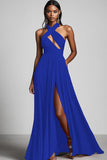 Dark Green Halter Keyhole A Line Formal Dress With Slit