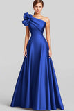 Navy A-Line Ruffled One Shoulder Satin Long Prom Dress