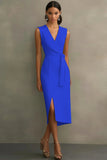 White Satin V-Neck Midi Formal Dress with Belt