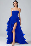 Black A Line Ruffles Chiffon Tiered Strapless Long Formal Dress with Slit