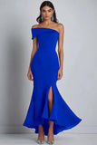Navy Crepe One Shoulder Sheath Long Formal Dress with Slit