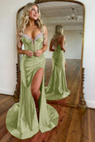 Sage Mermaid Corset Spaghetti Straps Prom Dress with Slit