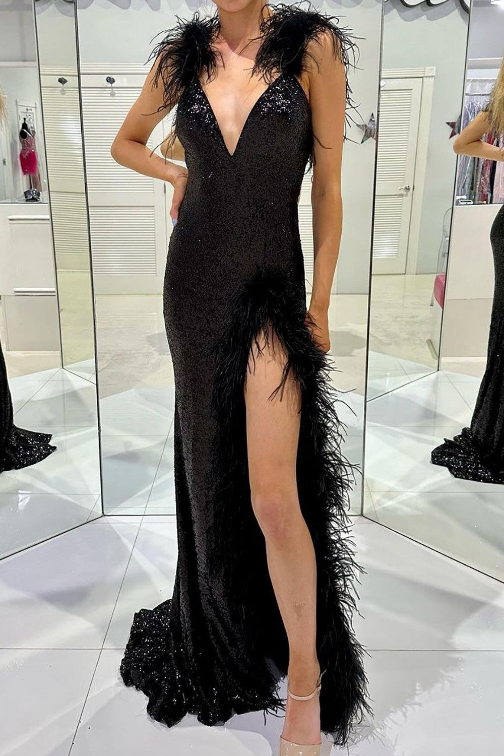 Sexy Black V-Neck Long Mermaid Sequin Prom Dress With Feather And Split