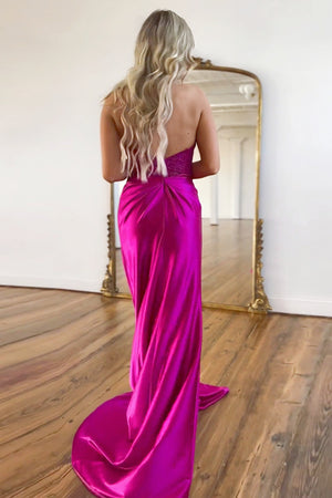 Fuchsia Satin Mermaid V-Neck Zipper Back Long Prom Dress With Slit