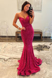 Fuchsia Glitter Mermaid Strapless Keyhole Back Sequin Long Prom Dress