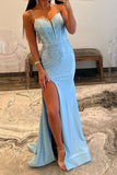 Shinny Light Blue Mermaid Spaghetti Straps Long Prom Dress With Split
