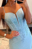 Shinny Light Blue Mermaid Spaghetti Straps Long Prom Dress With Split