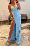 Shinny Light Blue Mermaid Spaghetti Straps Long Prom Dress With Split