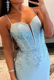 Shinny Light Blue Mermaid Spaghetti Straps Long Prom Dress With Split