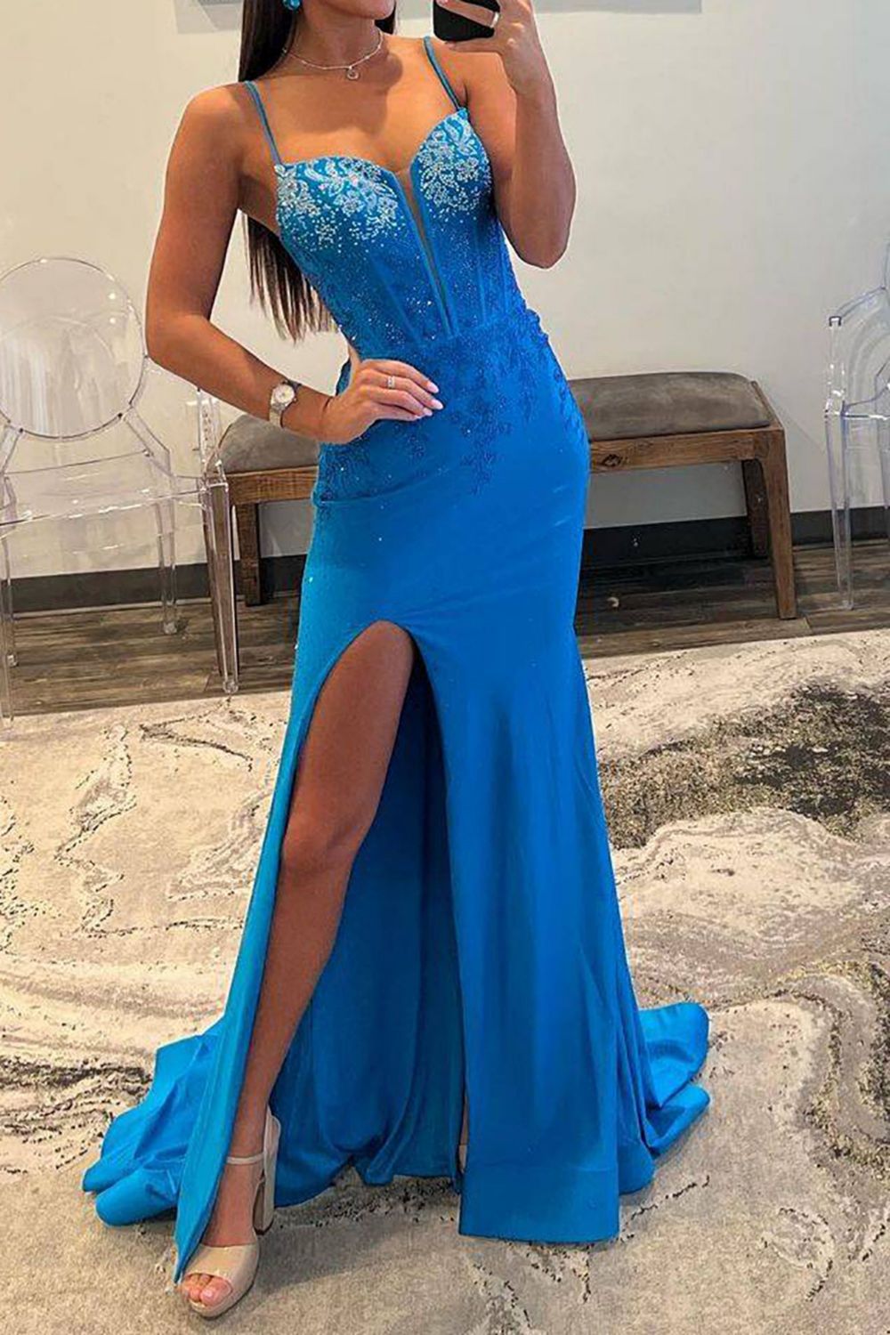 Shiny Royal Blue Spaghetti Straps Long Mermaid Prom Dress With Split