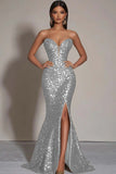 Sparkly Gold Sequins Strapless Mermaid Long Formal Dress with Slit