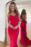 Simple Satin Red Mermaid Spaghetti Straps Long Prom Dress