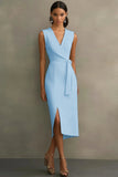 White Satin V-Neck Midi Formal Dress with Belt